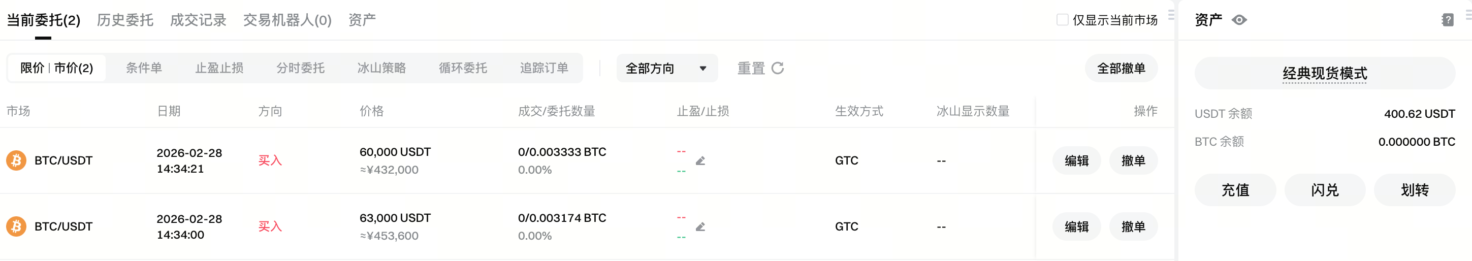经典现货模式交易页