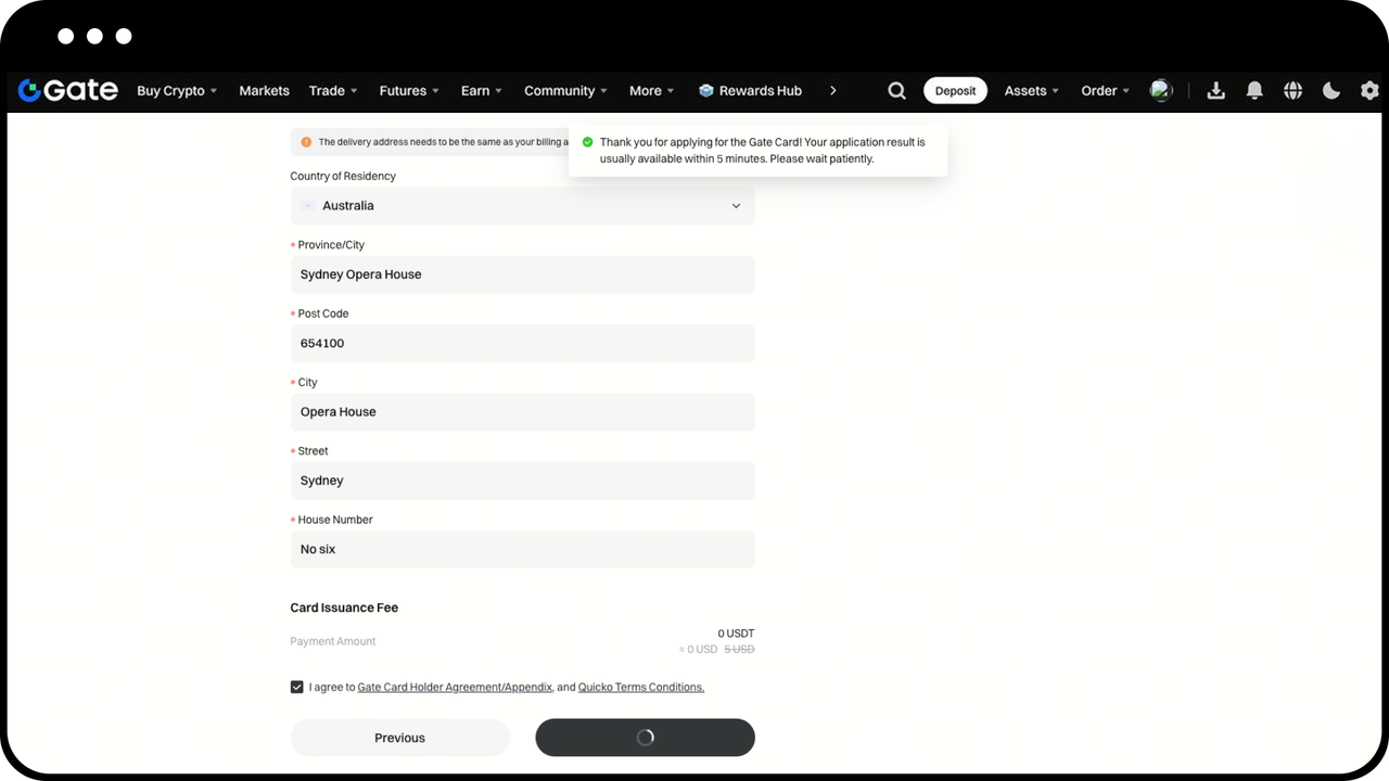 使用和 Gate Global 站 KYC 信息 相同的证件 ，完成卡片申请信息的录入