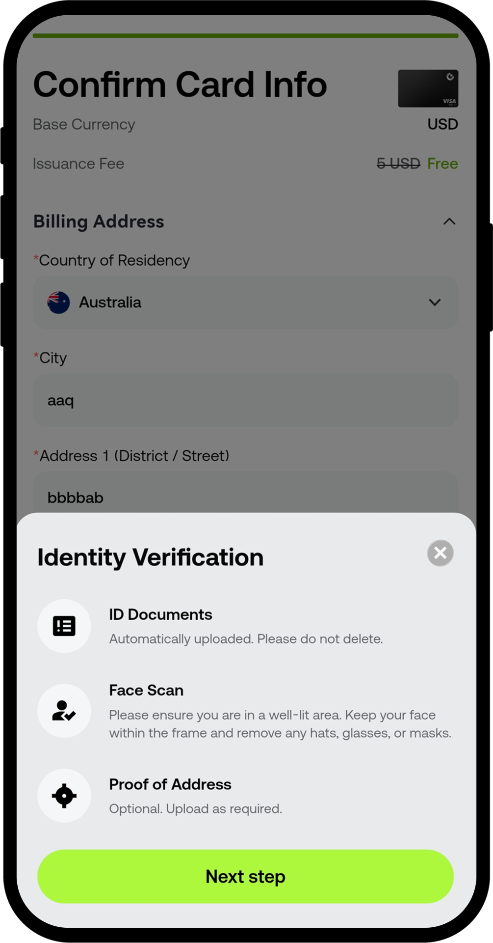使用和 Gate Global 站 KYC 信息 相同的证件 ，完成卡片申请信息的录入
