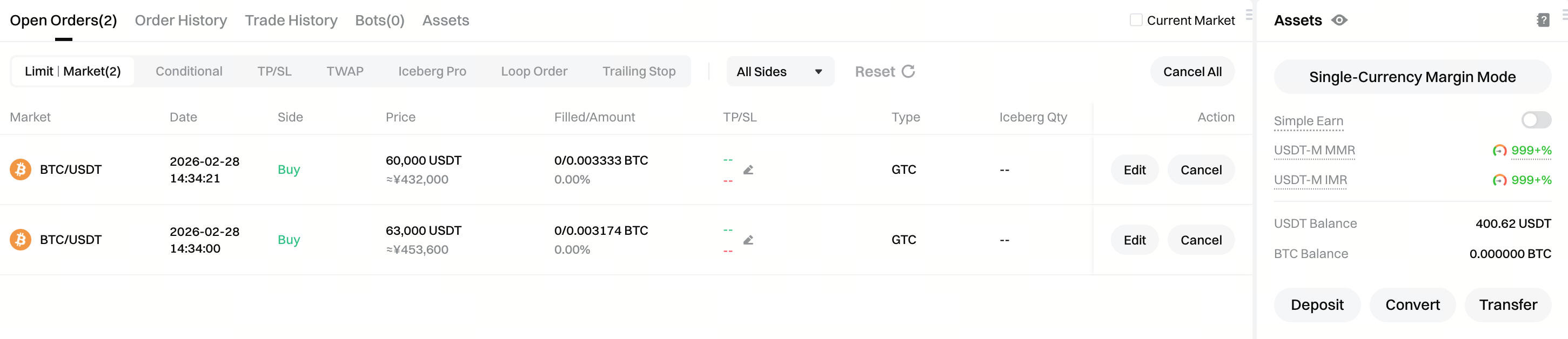 单币种保证金模式交易页