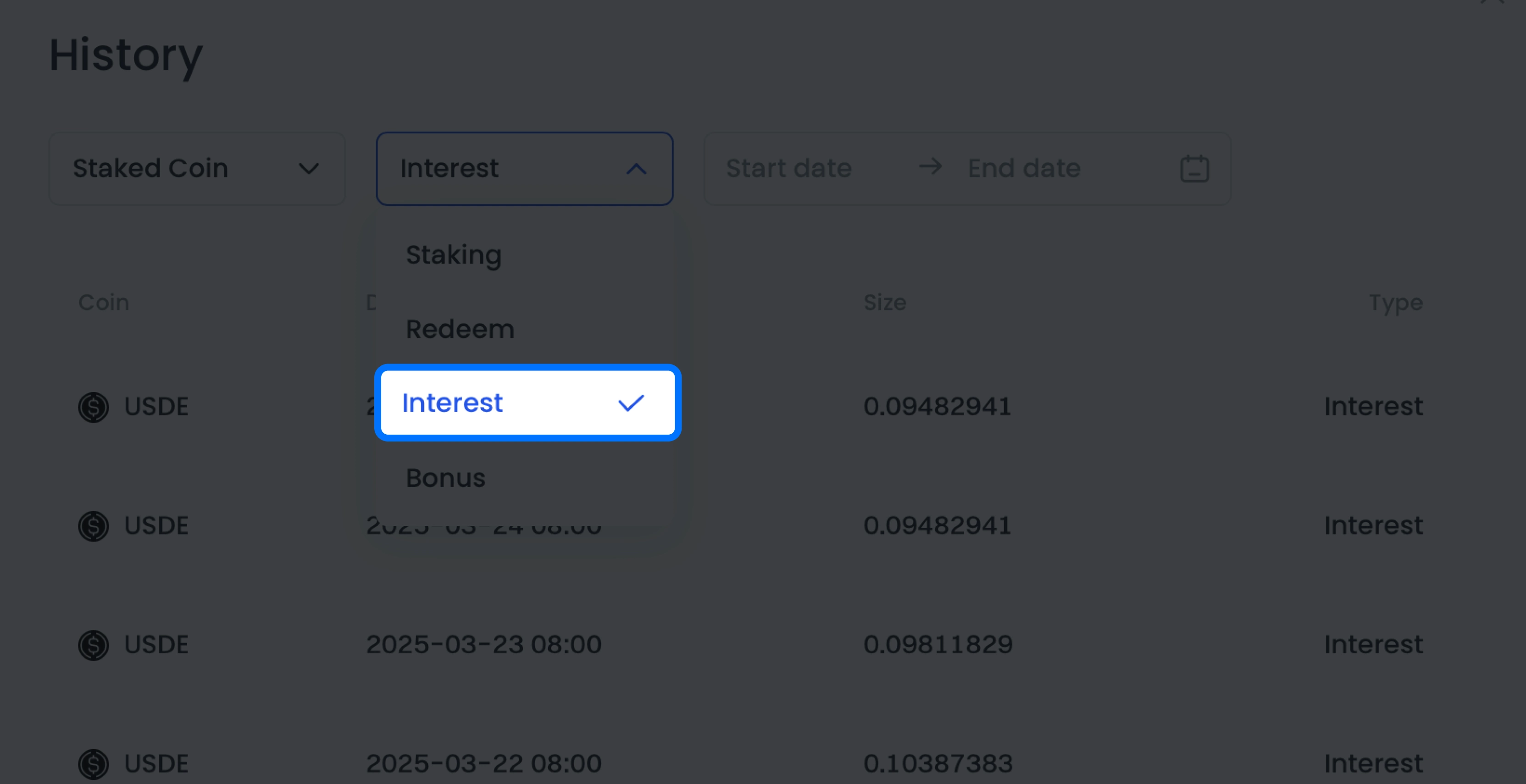 Select "Interest" or "Bonus" to view historical payout details.