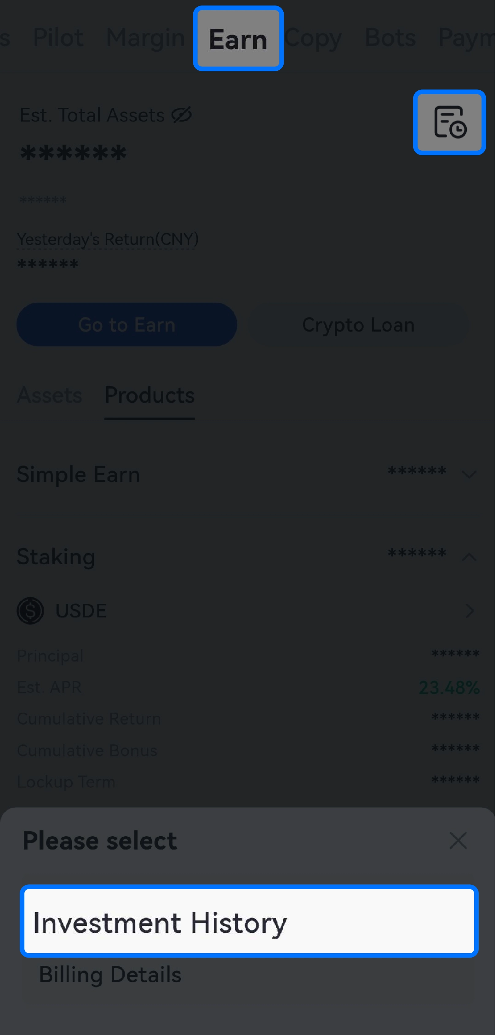 Tap on “My Staking,” then select the icon in the top right corner to access the “Investment History” page\.