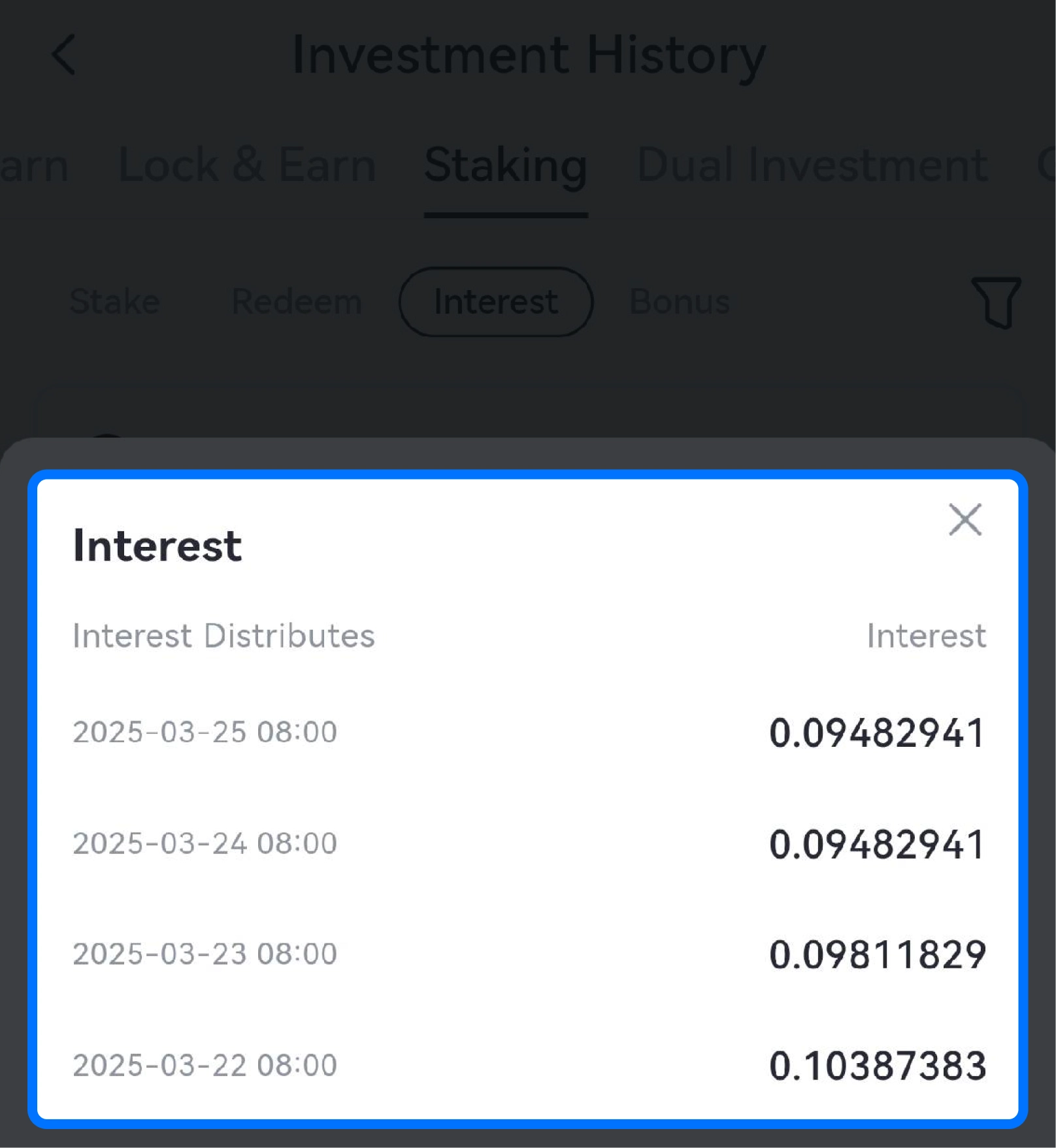 Select “Interest” or “Bonus” to view historical payout details\.