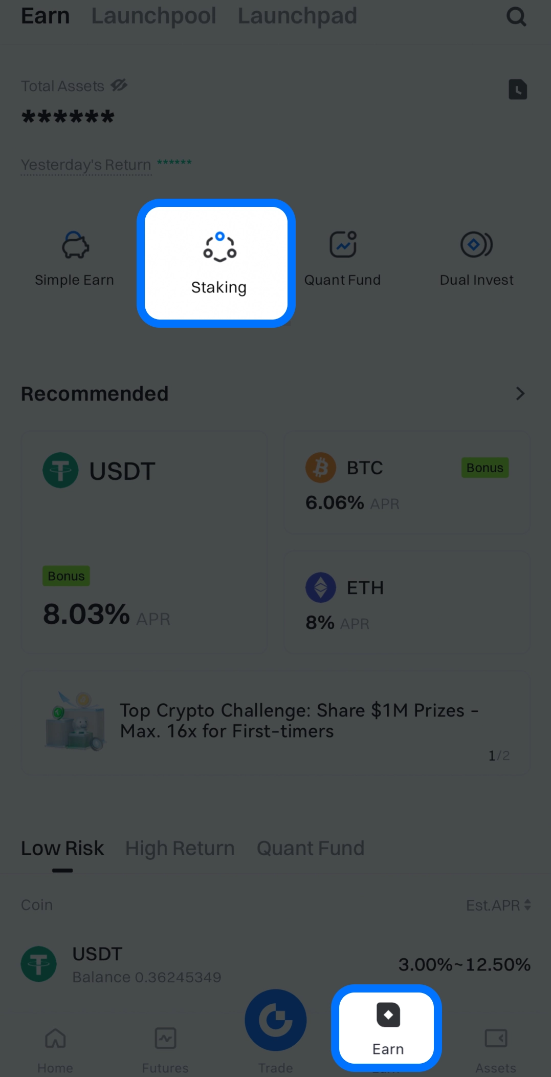 Open the Gate\\ app, log in to your account, and tap the “Earn” button in the bottom navigation bar\\\.