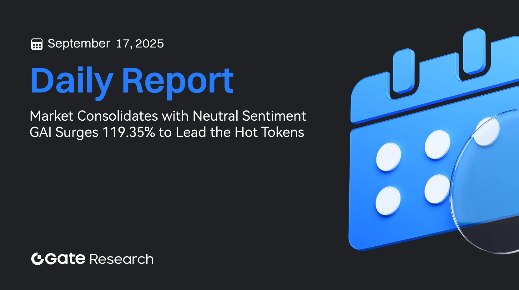 Gate 研究院：市场震荡整理｜GAI 日涨 119.35% 领跑热点