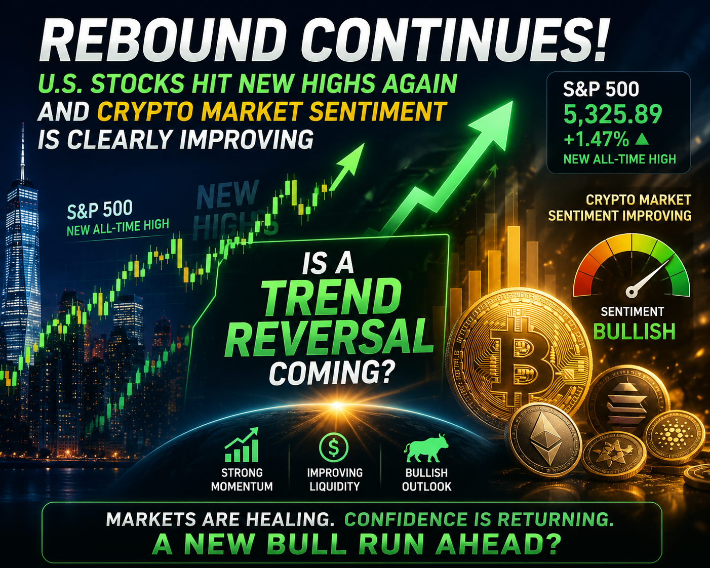 Rebound terus berlanjut! Saham AS mencapai level tertinggi baru lagi dan sentimen pasar kripto jelas membaik, apakah ini pertanda pembalikan tren?
