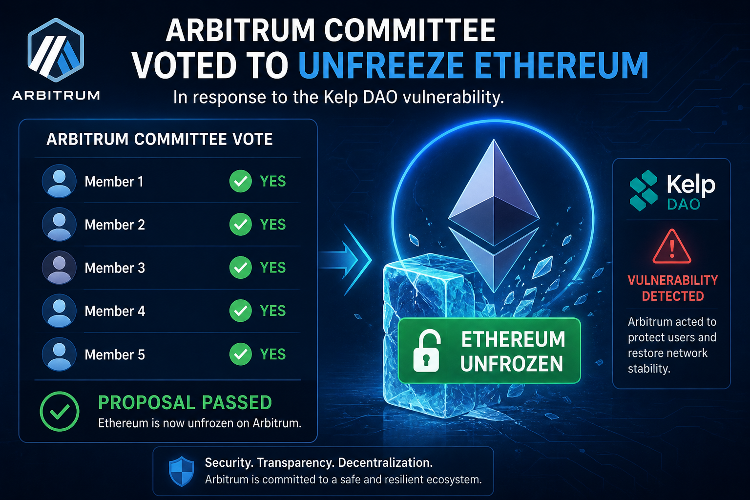 O comité do Arbitrum votou para descongelar o Ethereum em resposta à vulnerabilidade do Kelp DAO.