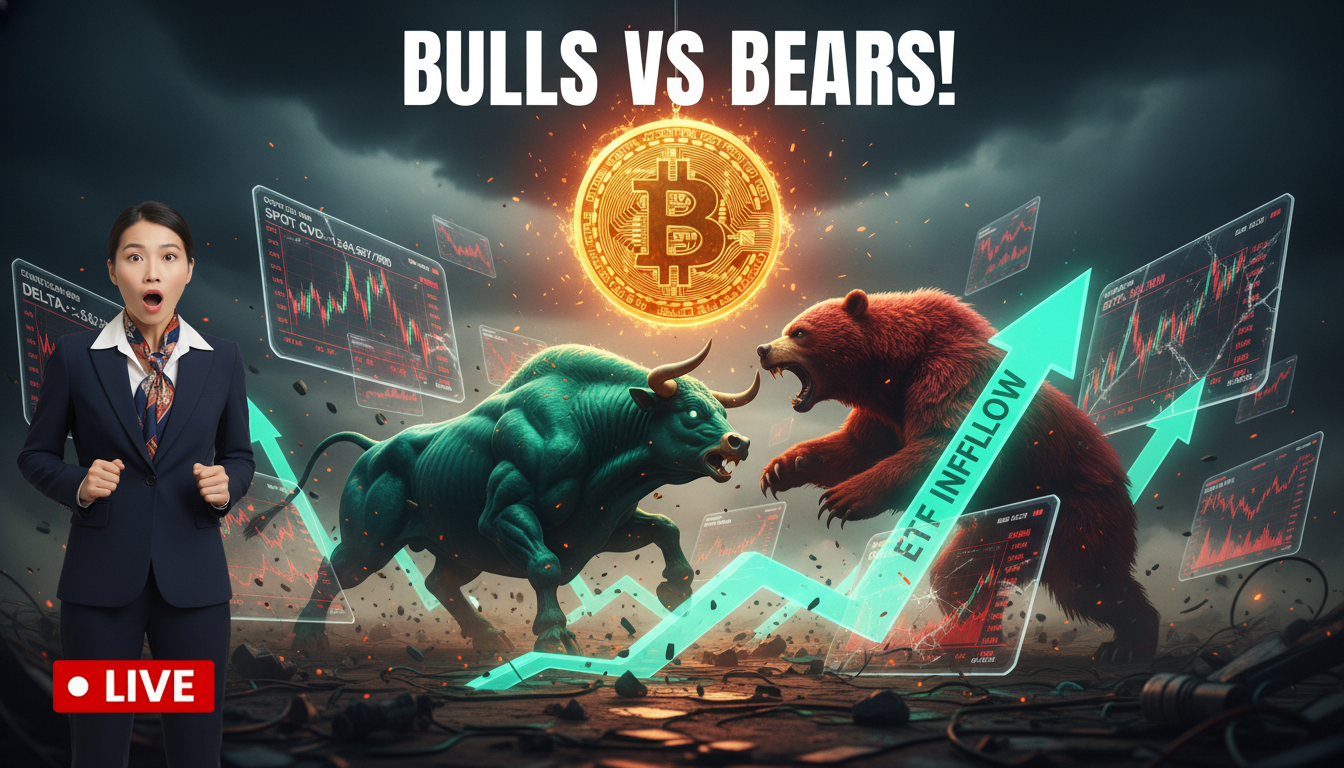 A batalha entre touros e ursos se intensifica! O CVD spot fica negativo, indicando pressão de venda, enquanto os fluxos de ETF continuam apoiando o BTC